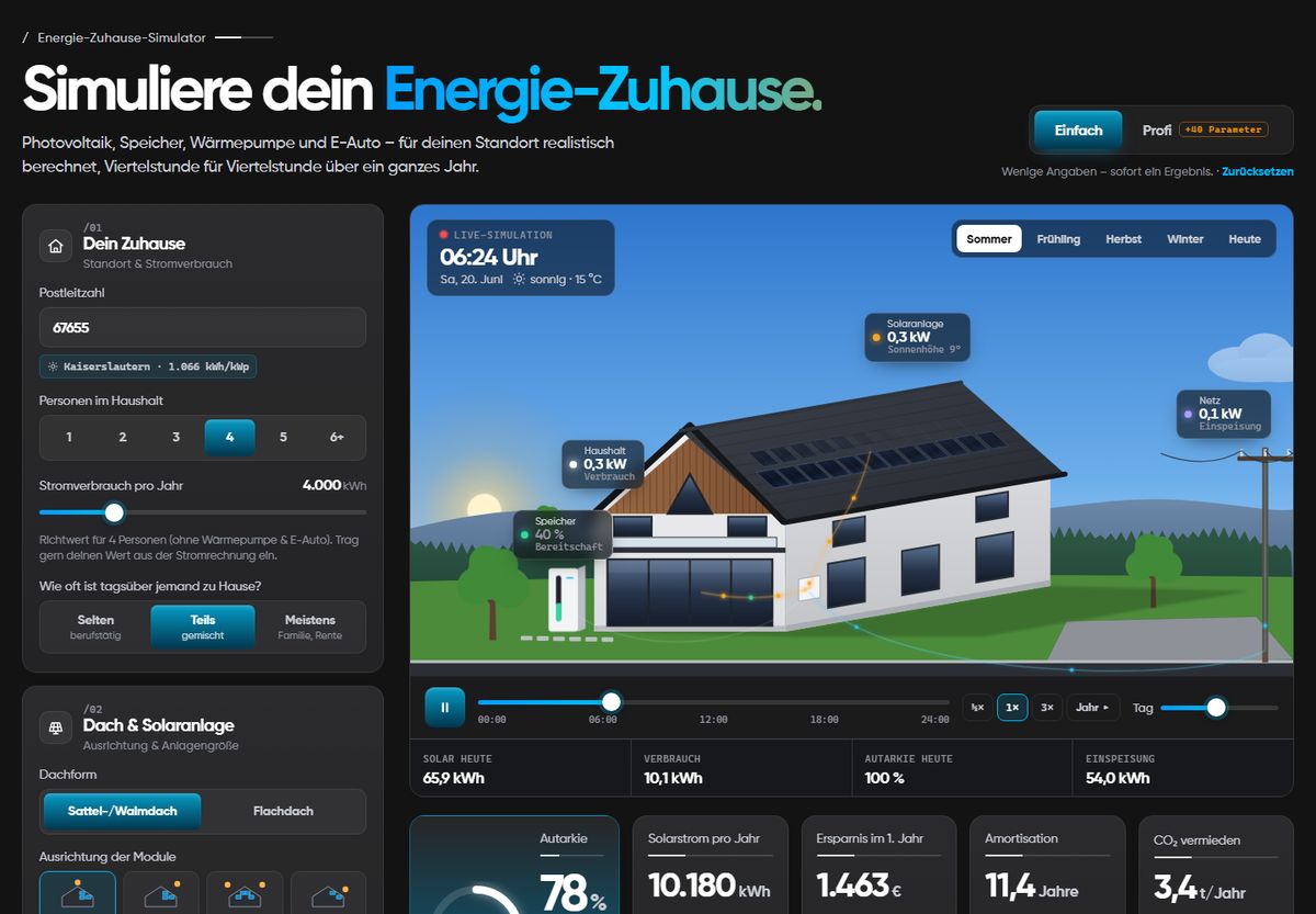 Energie-Simulator: animiertes Haus mit Solaranlage, Speicher und Tagesverlauf, links die Eingaben