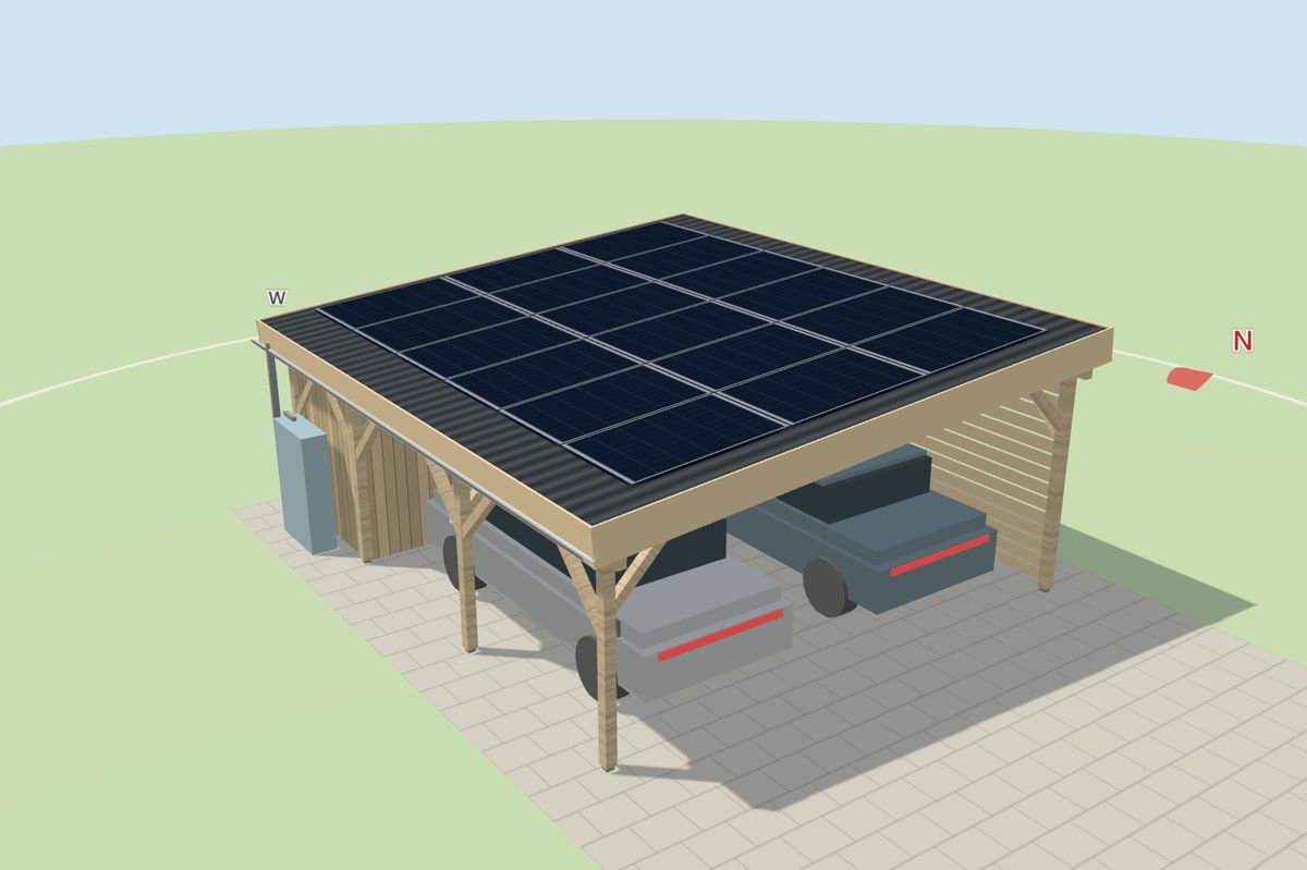3D-Ansicht aus dem Konfigurator: Doppelcarport aus Holz mit Solarmodulen, Geräteraum und zwei Autos